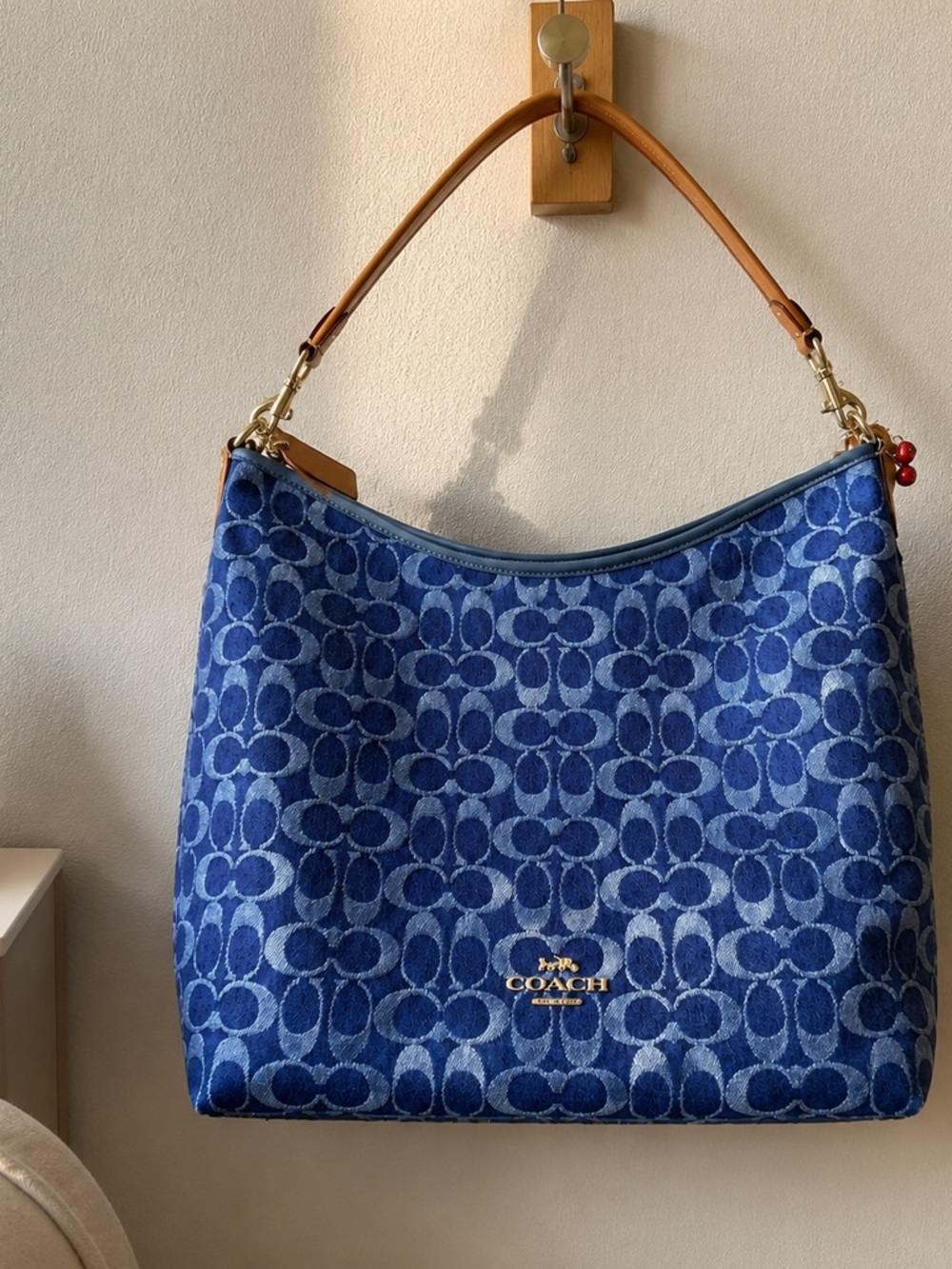 Coach Blue Signature Jacquard Hobo with Tan Leather Strap